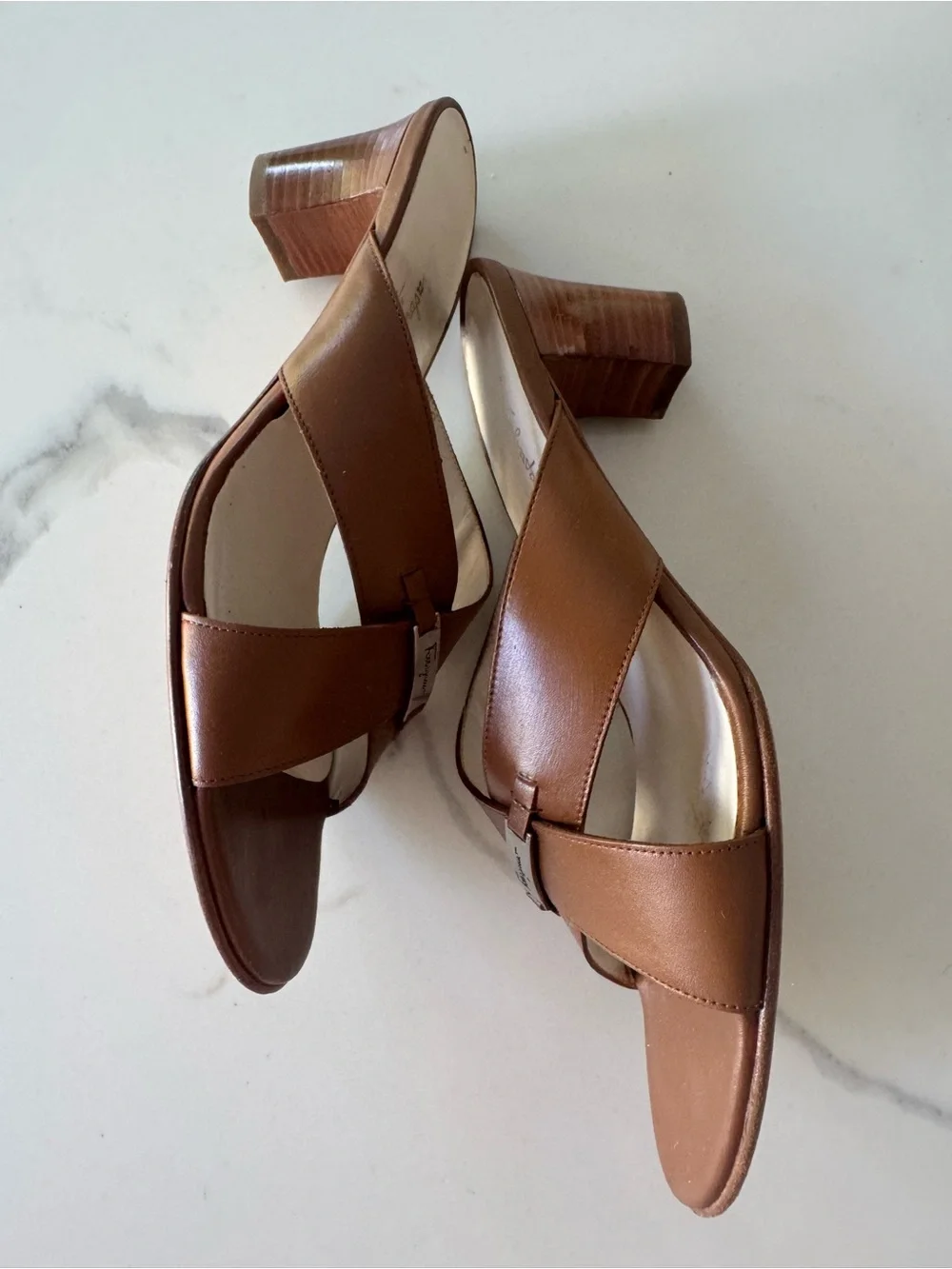 Ferragamo Brown Leather Crossover Slide Sandals